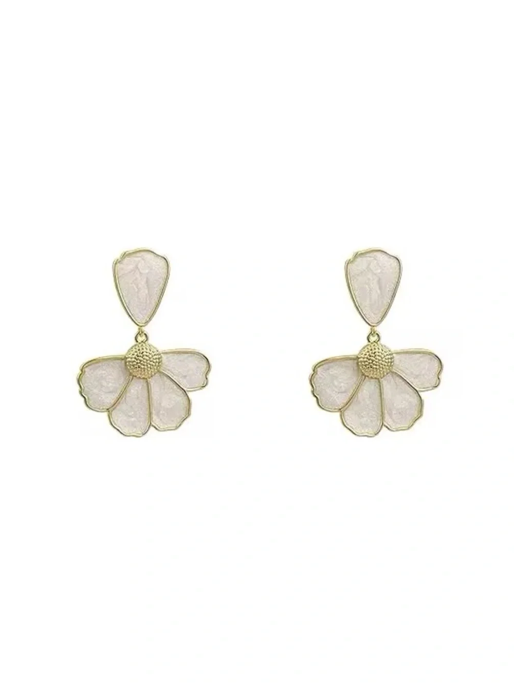 ***Delicate White Petal Drop Earrings - Gold Trim